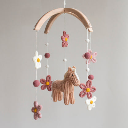 Floral horse baby mobile - Boho farm nursery decor - Cowgirl crib mobile - Pony & Wildflowers cot mobile