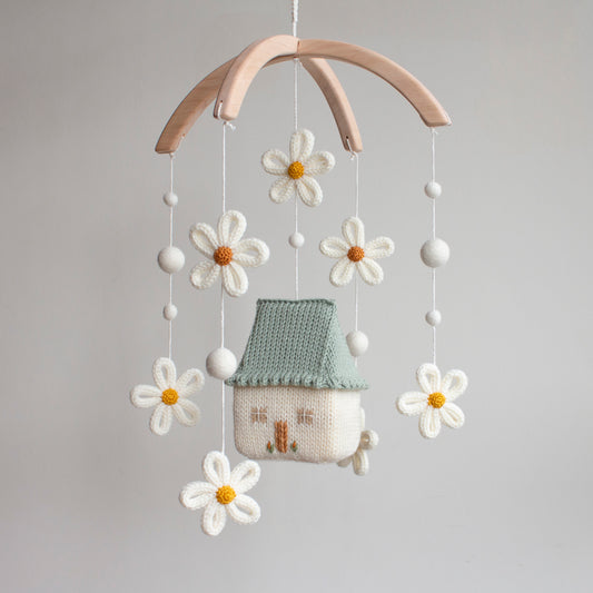 Baby mobile Daisy Cottage - Sage Green Nursery Decor - Floral Fairytale cot mobile - Cottagecore knitted crib mobile