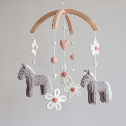 Baby mobile Horses & Daisies - Wildflower nursery decor in grey, blush - Floral ponies cot mobile - Cowgirl crib mobile