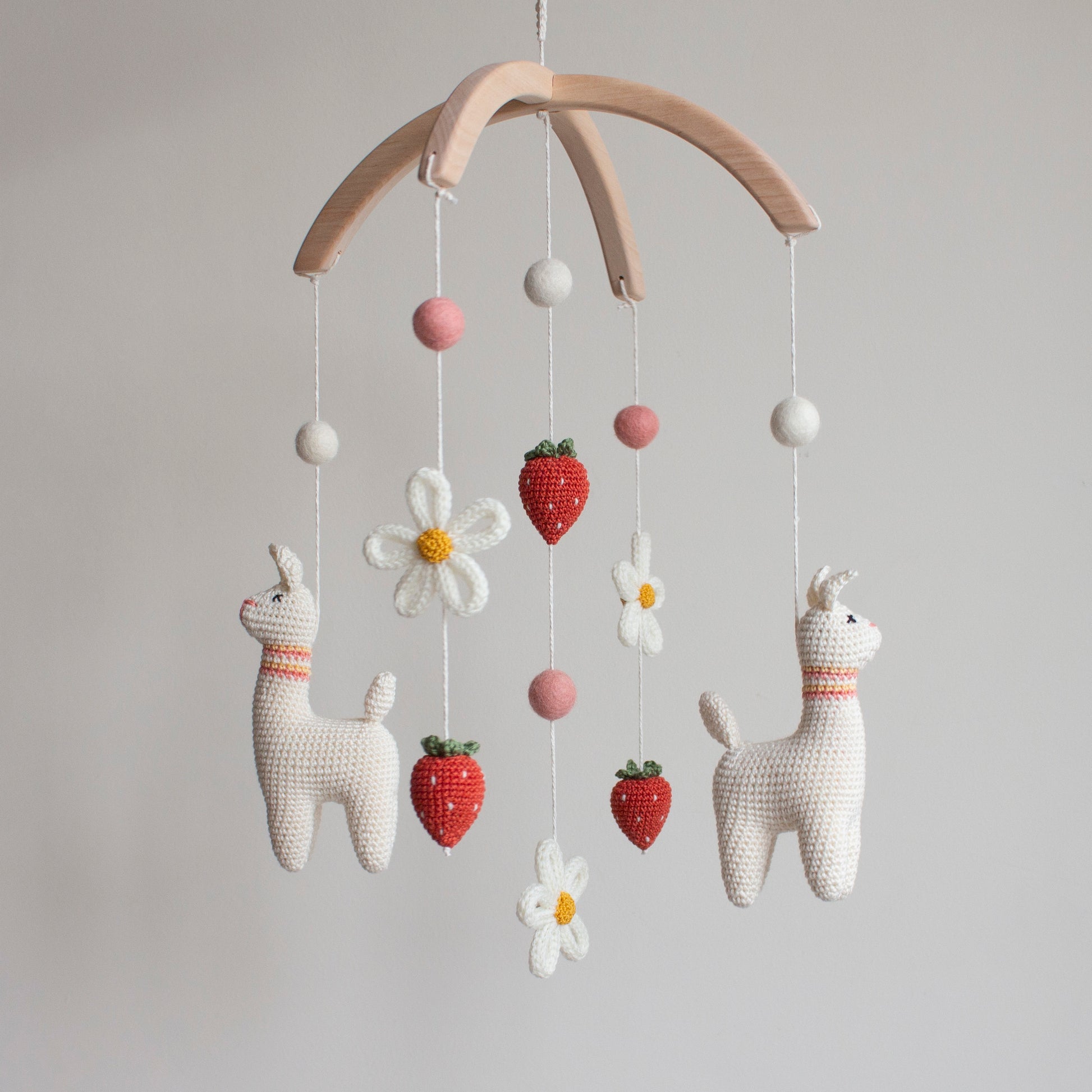 Crocheted llama and strawberry mobile with flowers. Christening present for baby girl, Free UK delivery 