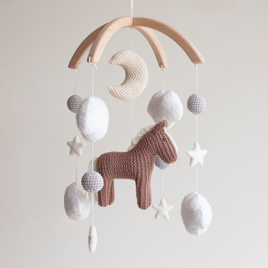 Horse Baby Mobile: Cocoa Knitted Pony, Bouclé Clouds, Crochet Moon & Balls, Wool Stars