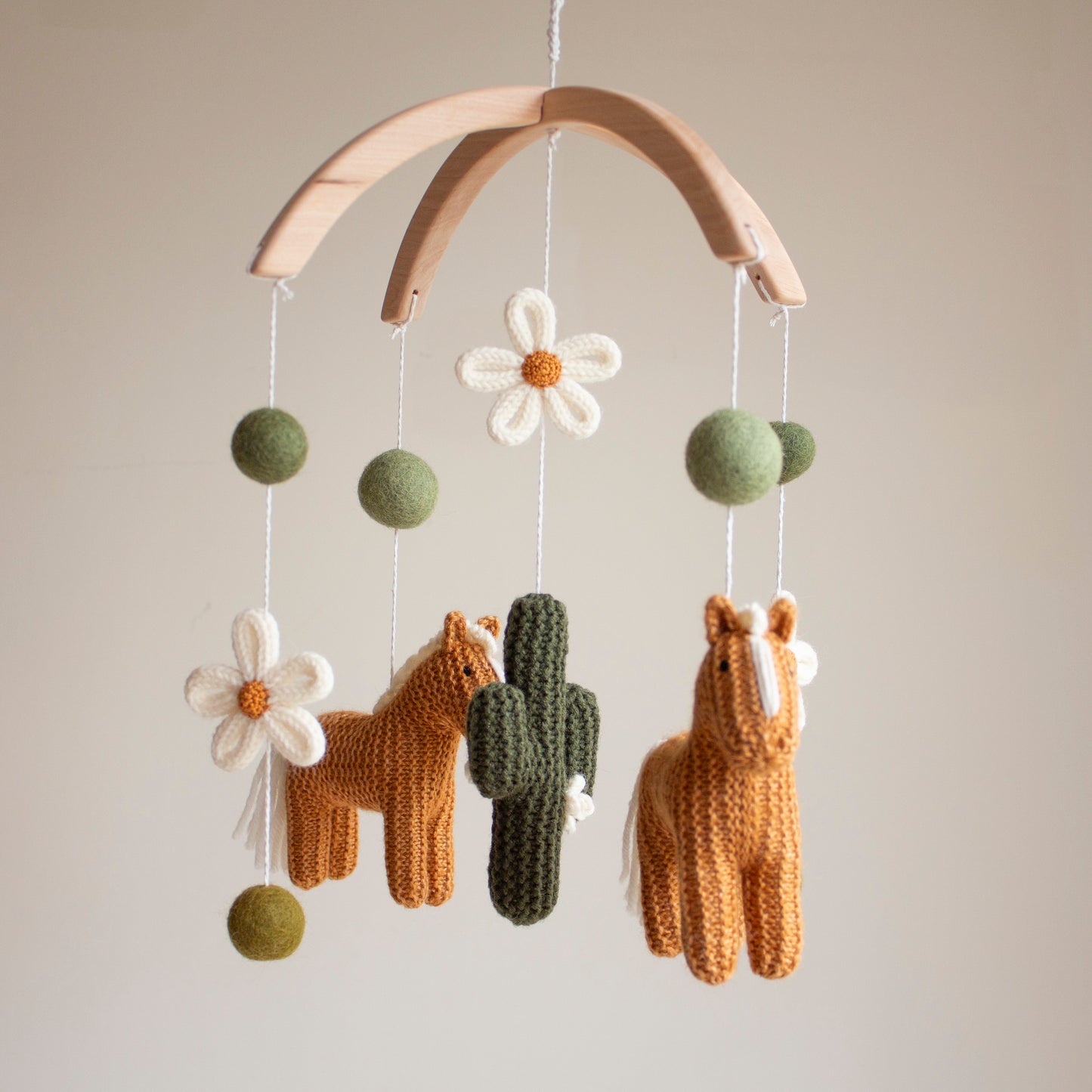Cowgirl Baby Mobile, Western Nursery Decor with Knitted Horses, Cactus and Daisies