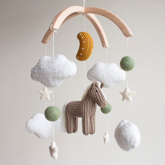 Horse Baby Mobile: Taupe Knitted Pony, Bouclé Clouds, Crochet Moon & Balls, Wool Stars (Copy)