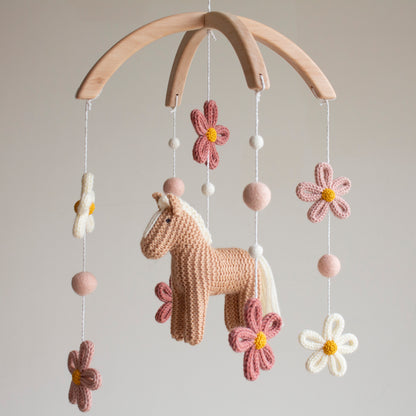 Floral Horse Baby Mobile with blush accents – Knitted Pony & Wildflowers Nursery Decor