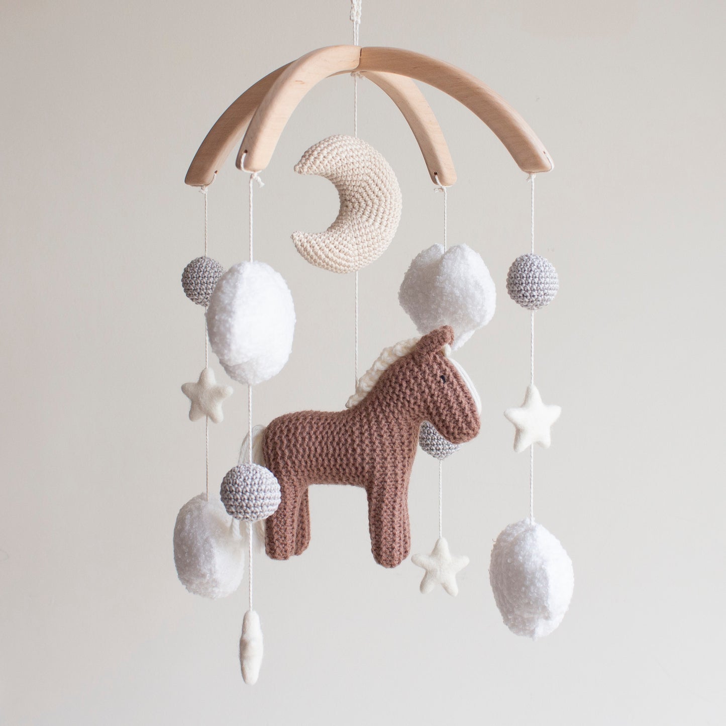 Horse Baby Mobile with Boucle Clouds, Moon, Stars, grey balls