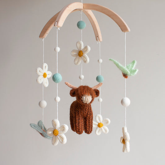 Highland Cow, Butterflies & Daisies Baby Mobile – Sage Green nursery decor – Boho Farm Cot Mobile