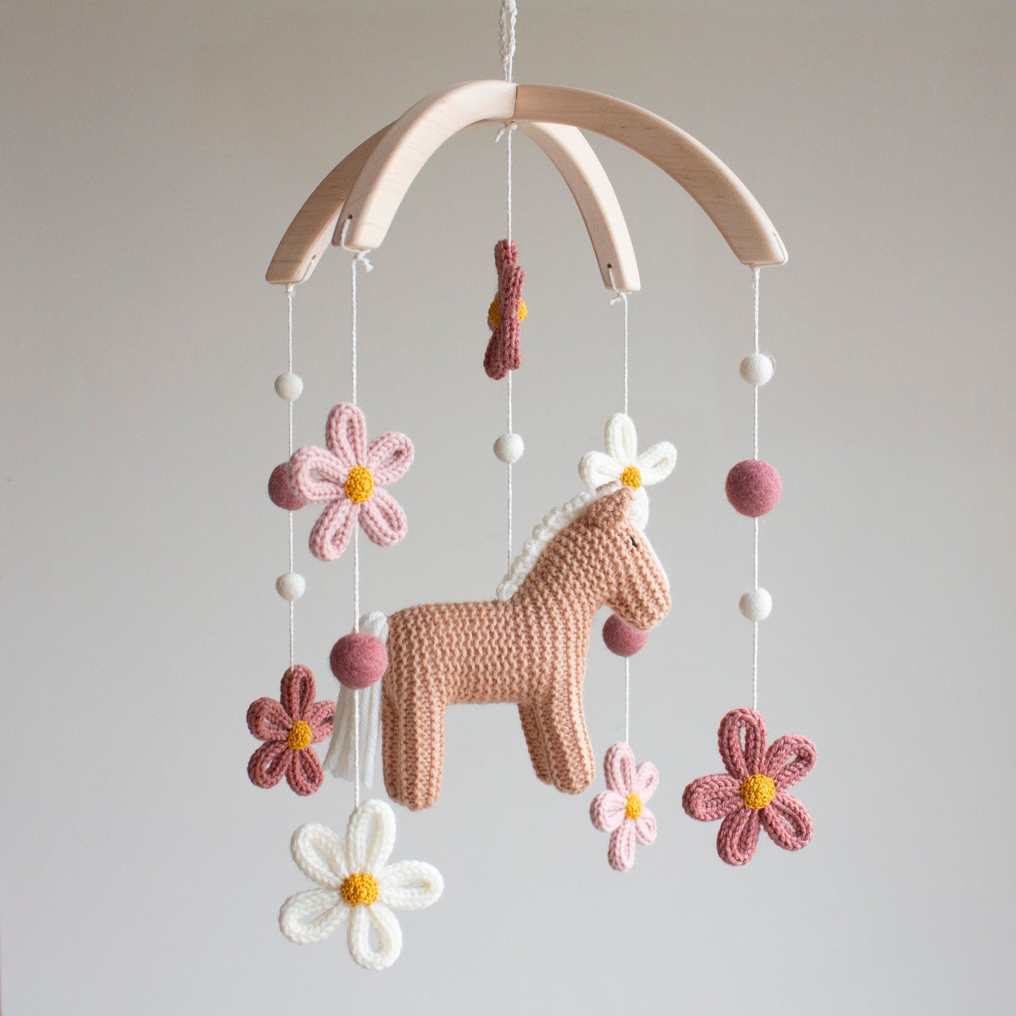 Floral Horse Baby Mobile – Knitted Pony & Wildflowers Nursery Decor
