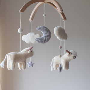 Neutral nursery mobile with longhorn cows & moon