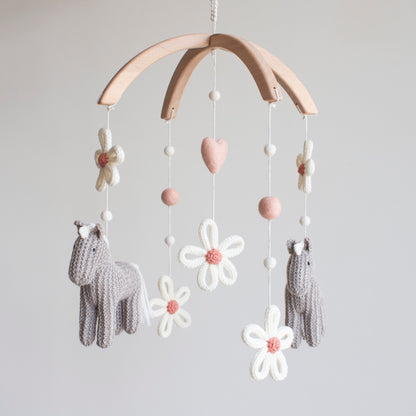 Baby mobile Horses & Daisies - Wildflower nursery decor in grey, blush - Floral ponies cot mobile - Cowgirl crib mobile