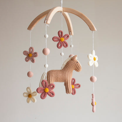 Floral Horse Baby Mobile with blush accents – Knitted Pony & Wildflowers Nursery Decor