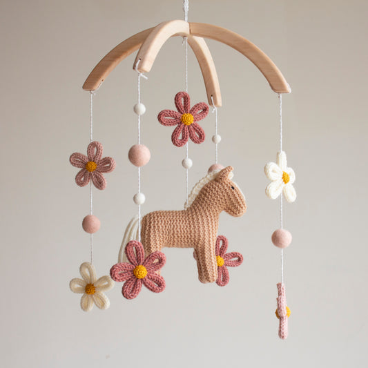 Floral Horse Baby Mobile with blush accents – Knitted Pony & Wildflowers Nursery Decor