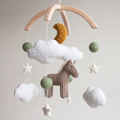 Horse Baby Mobile: Taupe Knitted Pony, Bouclé Clouds, Crochet Moon & Balls, Wool Stars (Copy)