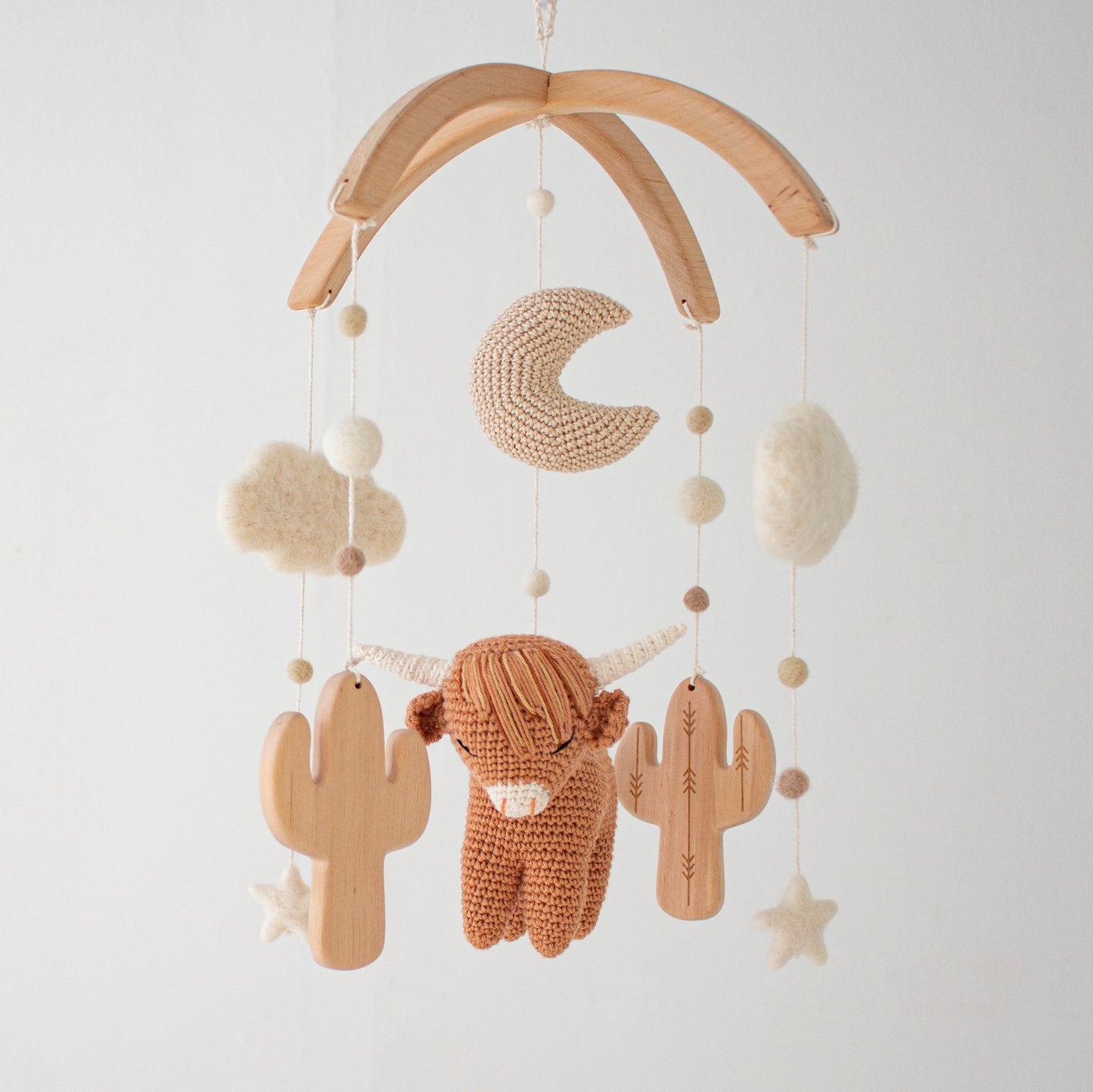 Boho brown longhorn cow & moon baby mobile with wooden cactus