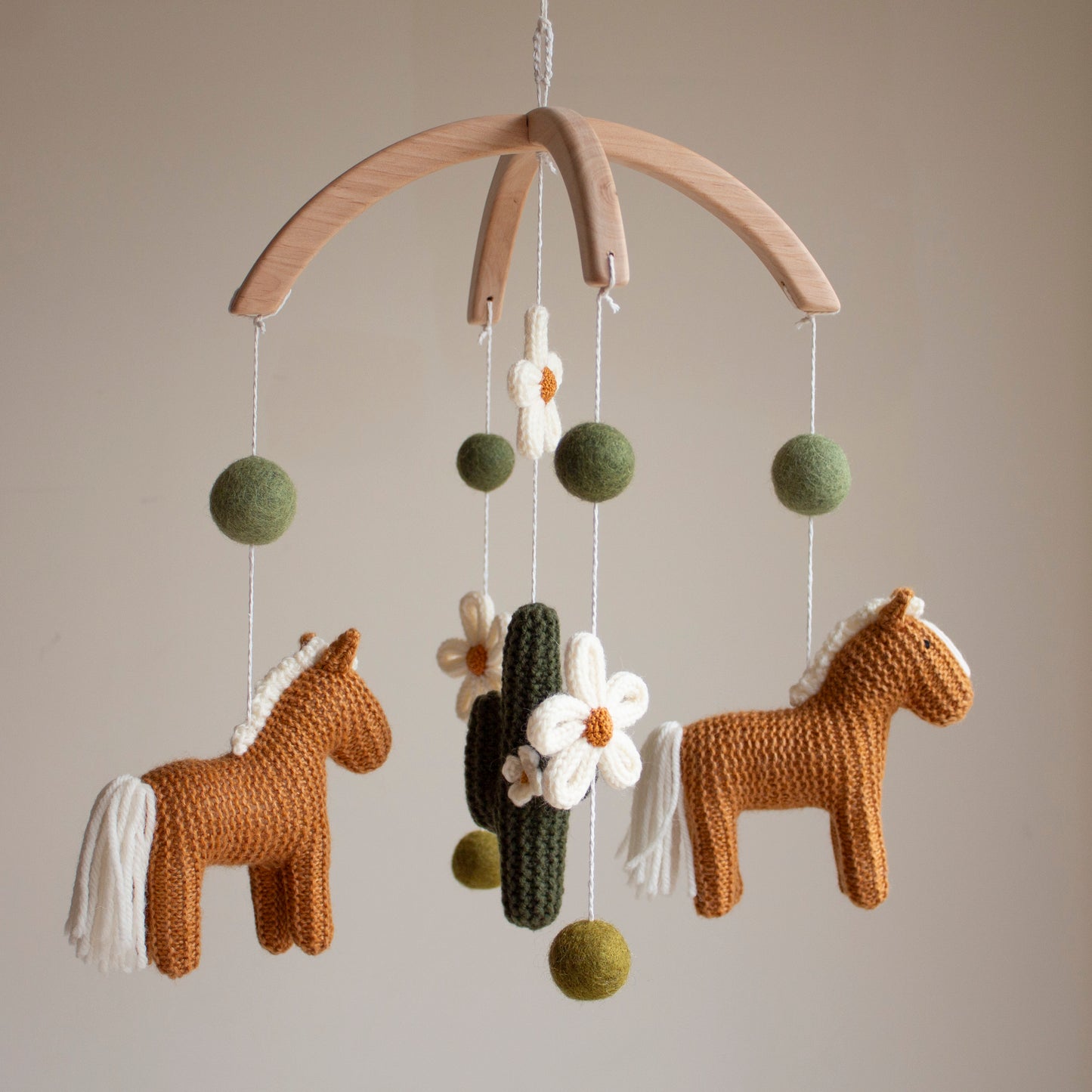 Cowgirl Baby Mobile, Western Nursery Decor with Knitted Horses, Cactus and Daisies