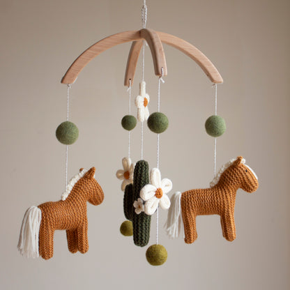 Cowgirl Baby Mobile, Western Nursery Decor with Knitted Horses, Cactus and Daisies