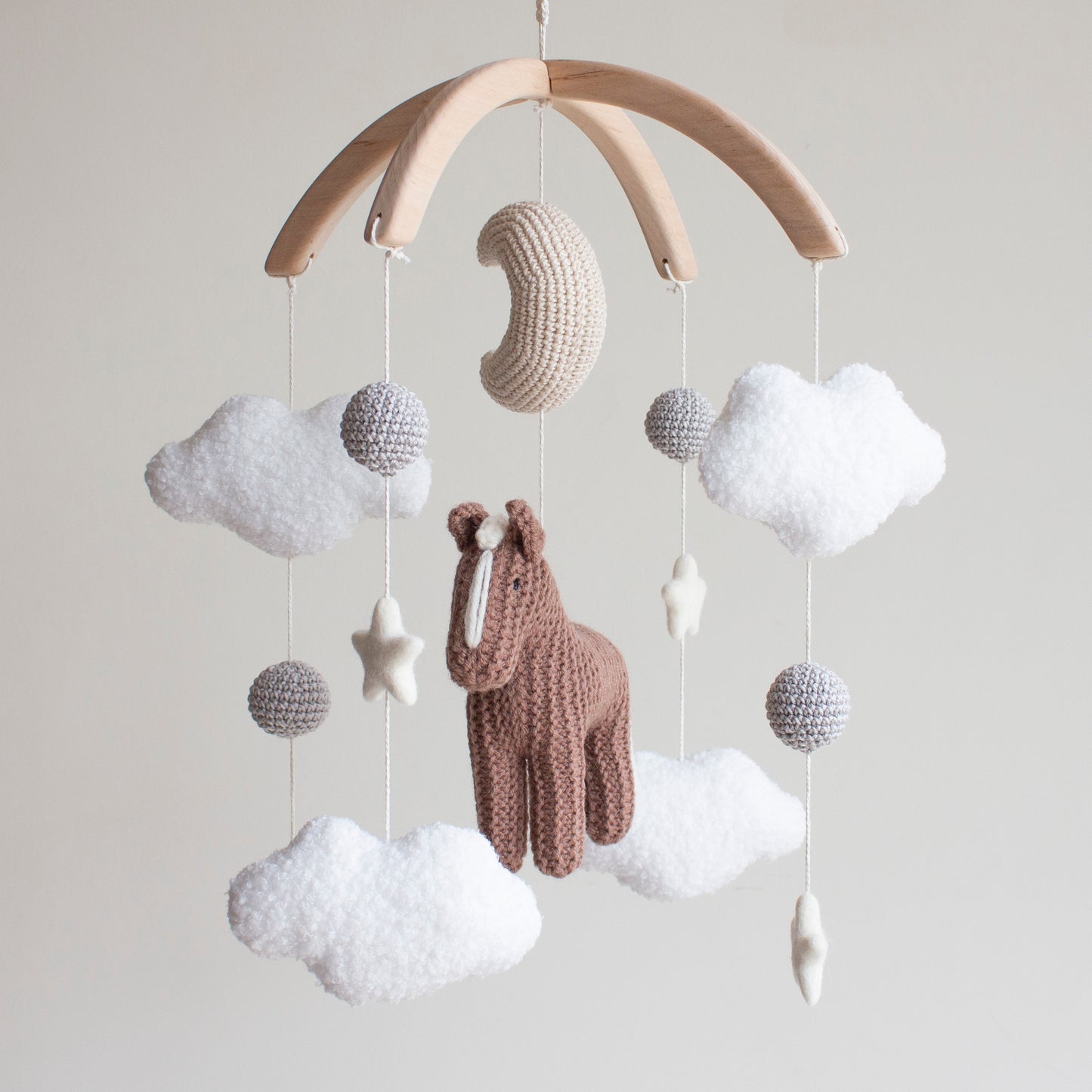 Horse Baby Mobile with Boucle Clouds, Moon, Stars, grey balls