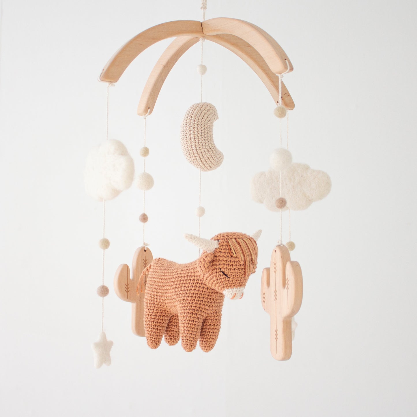 Boho brown longhorn cow & moon baby mobile with wooden cactus