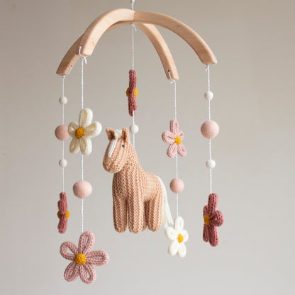 Floral Horse Baby Mobile with blush accents – Knitted Pony & Wildflowers Nursery Decor