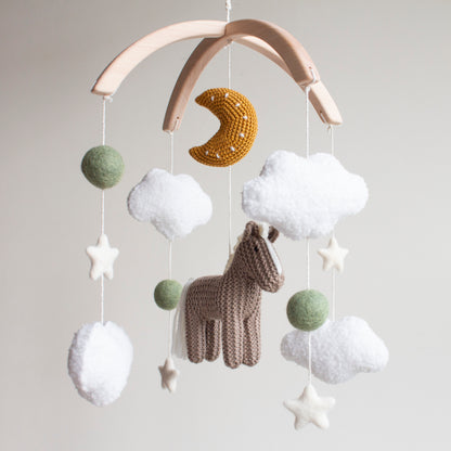 Horse Baby Mobile: Taupe Knitted Pony, Bouclé Clouds, Crochet Moon & Balls, Wool Stars (Copy)