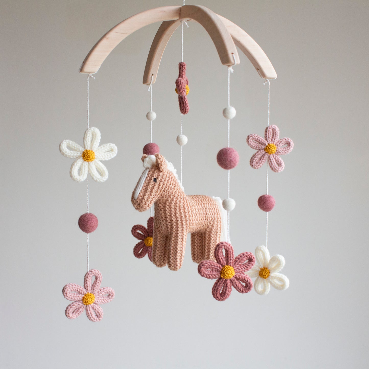 Floral Horse Baby Mobile – Knitted Pony & Wildflowers Nursery Decor