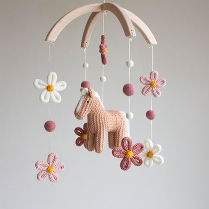 Floral Horse Baby Mobile – Knitted Pony & Wildflowers Nursery Decor