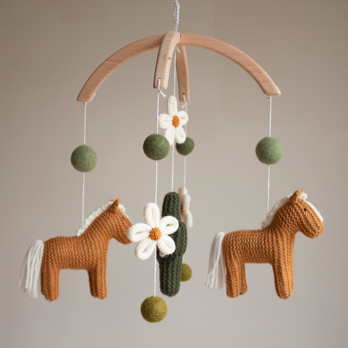 Cowgirl Baby Mobile, Western Nursery Decor with Knitted Horses, Cactus and Daisies
