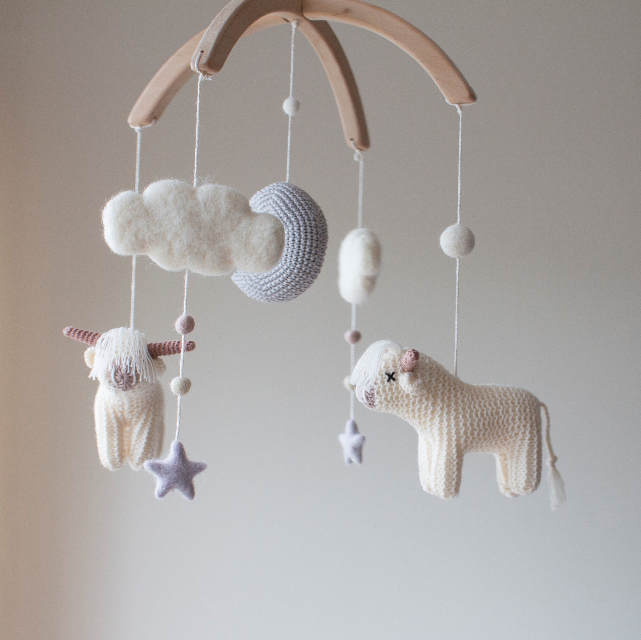Neutral nursery mobile with longhorn cows & moon