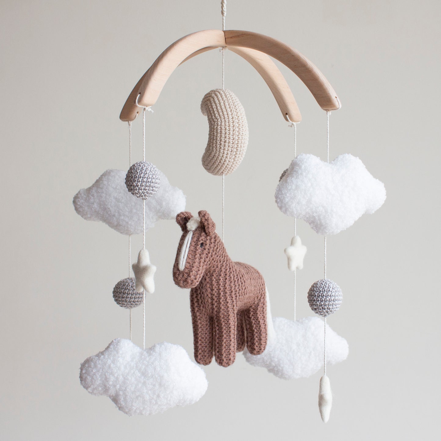 Horse Baby Mobile: Cocoa Knitted Pony, Bouclé Clouds, Crochet Moon & Balls, Wool Stars