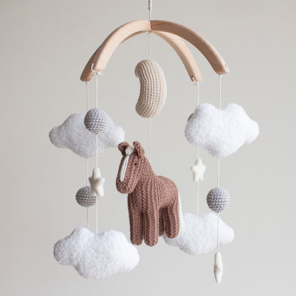Horse Baby Mobile: Cocoa Knitted Pony, Bouclé Clouds, Crochet Moon & Balls, Wool Stars