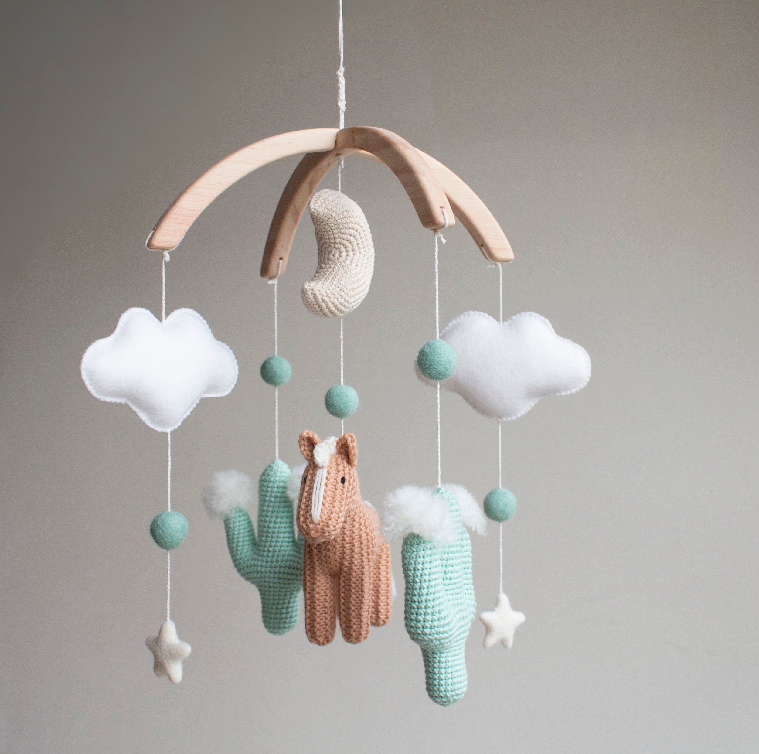 Western baby mobile with tan horse & mint cactus: cowboy nursery