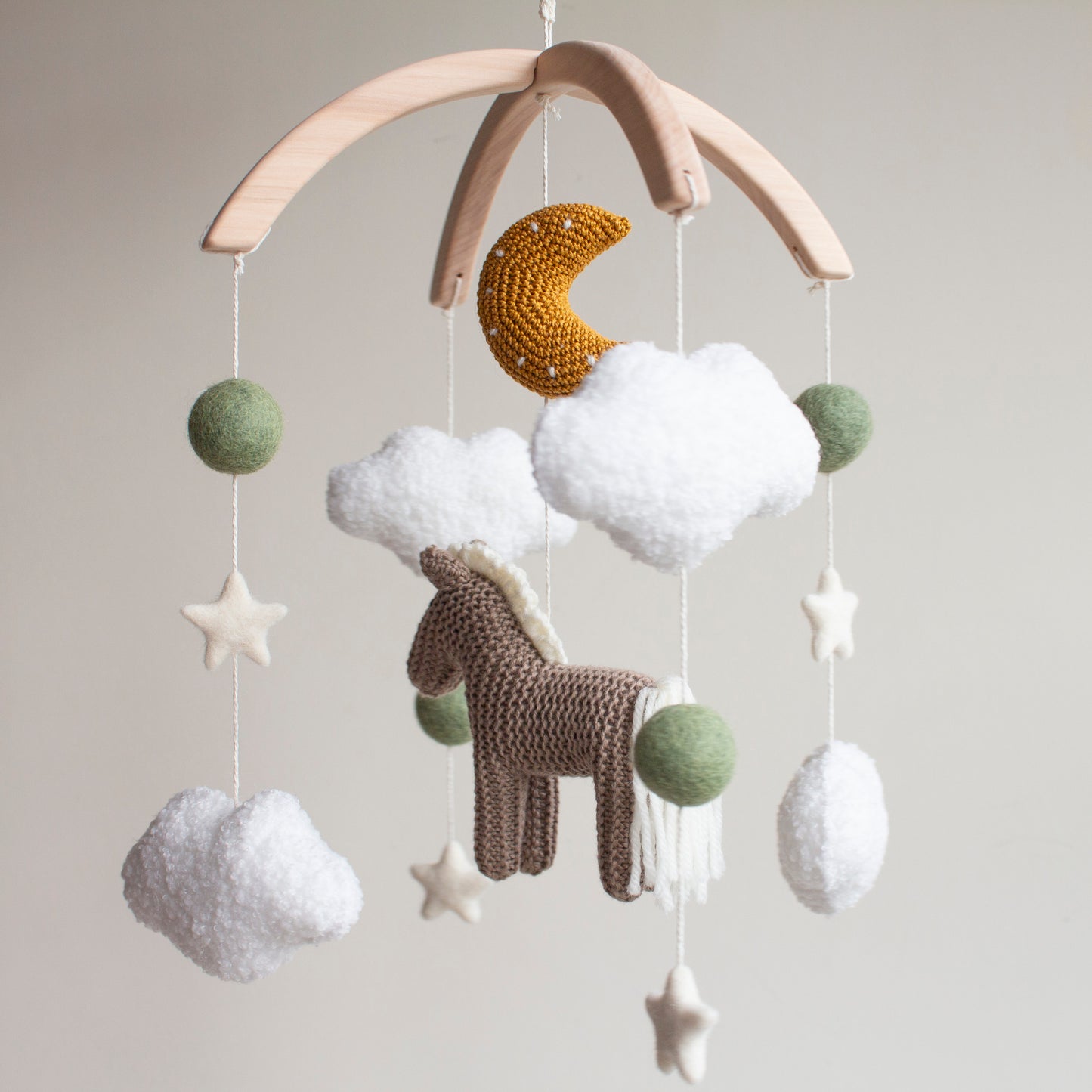 Horse Baby Mobile: Taupe Knitted Pony, Bouclé Clouds, Crochet Moon & Balls, Wool Stars (Copy)