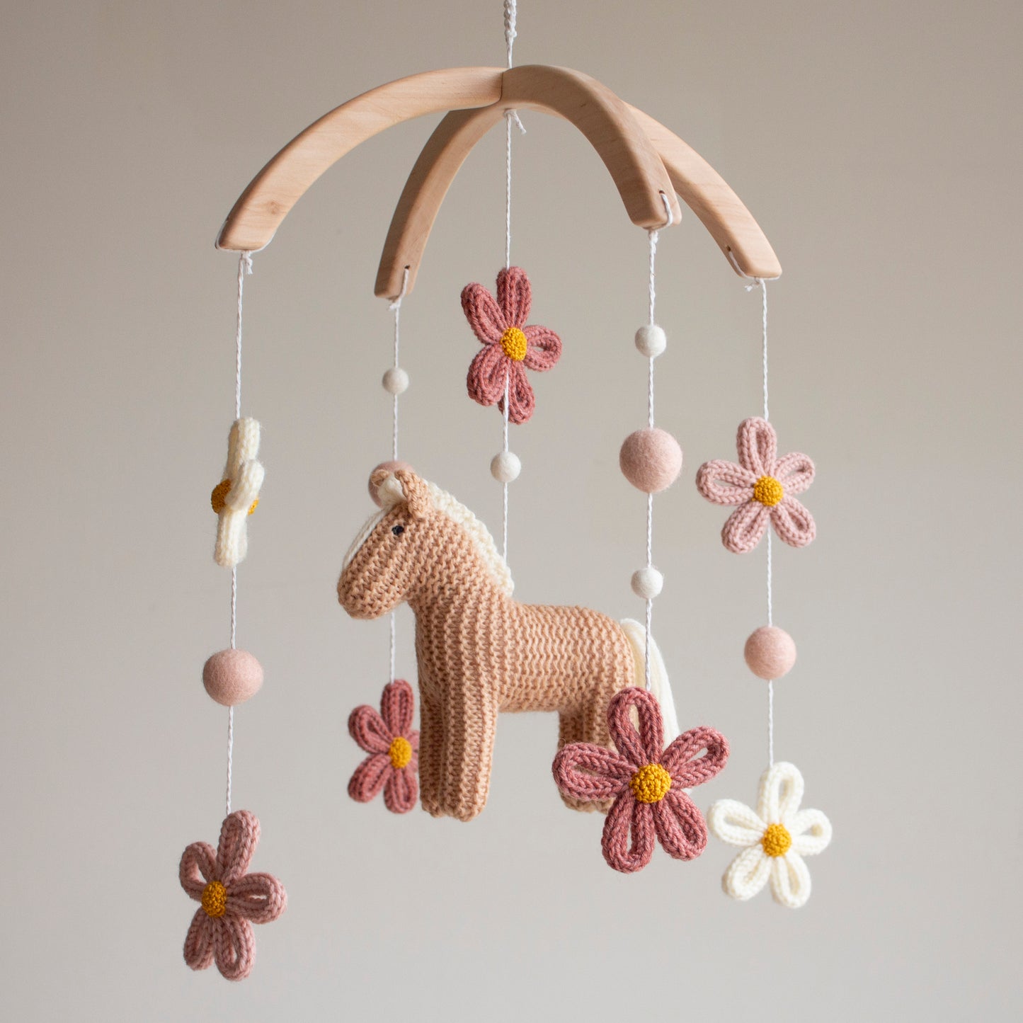 Floral Horse Baby Mobile with blush accents – Knitted Pony & Wildflowers Nursery Decor