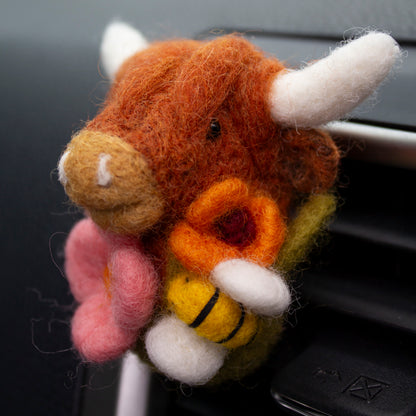 Highland Cow Car Vent Clip with wildflowers & bee in honey rust colors