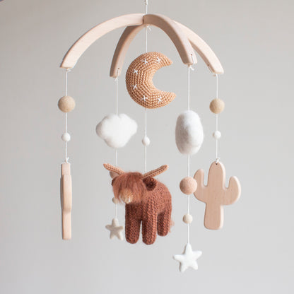 Baby mobile Longhorn cow & wooden cactus: Boho western nursery decor