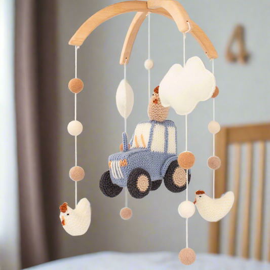 Drift & Dream Tractor Baby Mobile – Farm Nursery Mobile with Blue Tractor, Chickens and Clouds