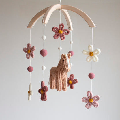 Floral Horse Baby Mobile – Knitted Pony & Wildflowers Nursery Decor