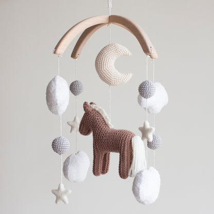 Horse Baby Mobile: Cocoa Knitted Pony, Bouclé Clouds, Crochet Moon & Balls, Wool Stars