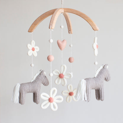 Baby mobile Horses & Daisies - Wildflower nursery decor in grey, blush - Floral ponies cot mobile - Cowgirl crib mobile