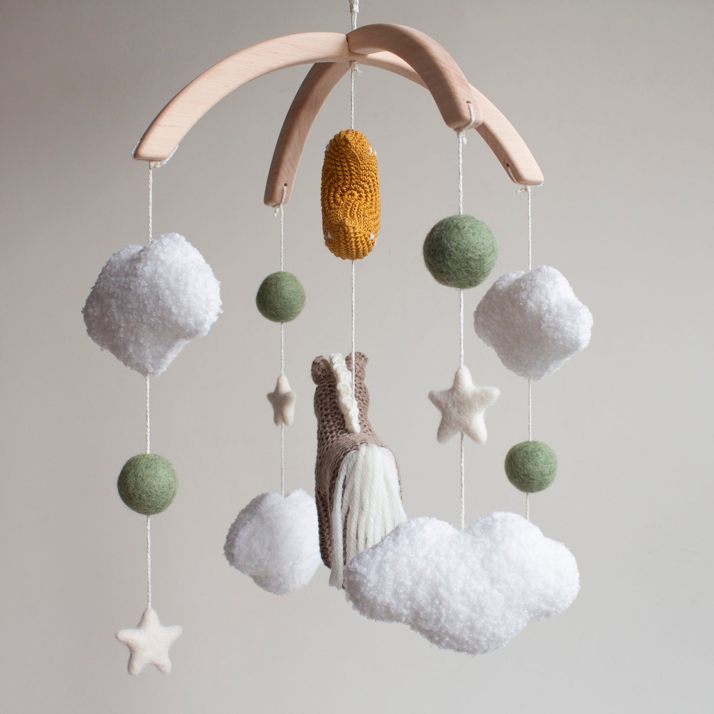 Horse Baby Mobile: Taupe Knitted Pony, Bouclé Clouds, Crochet Moon & Balls, Wool Stars (Copy)