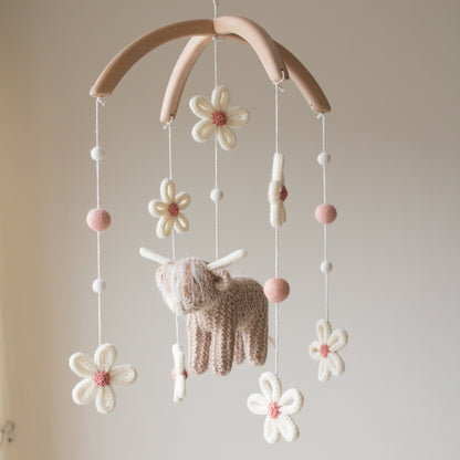 Unique baby shower gift—artisan floral cow baby mobile handcrafted in Northern Ireland.