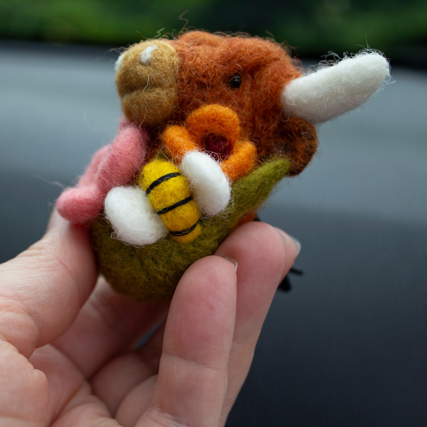 Highland Cow Car Vent Clip with wildflowers & bee in honey rust colors