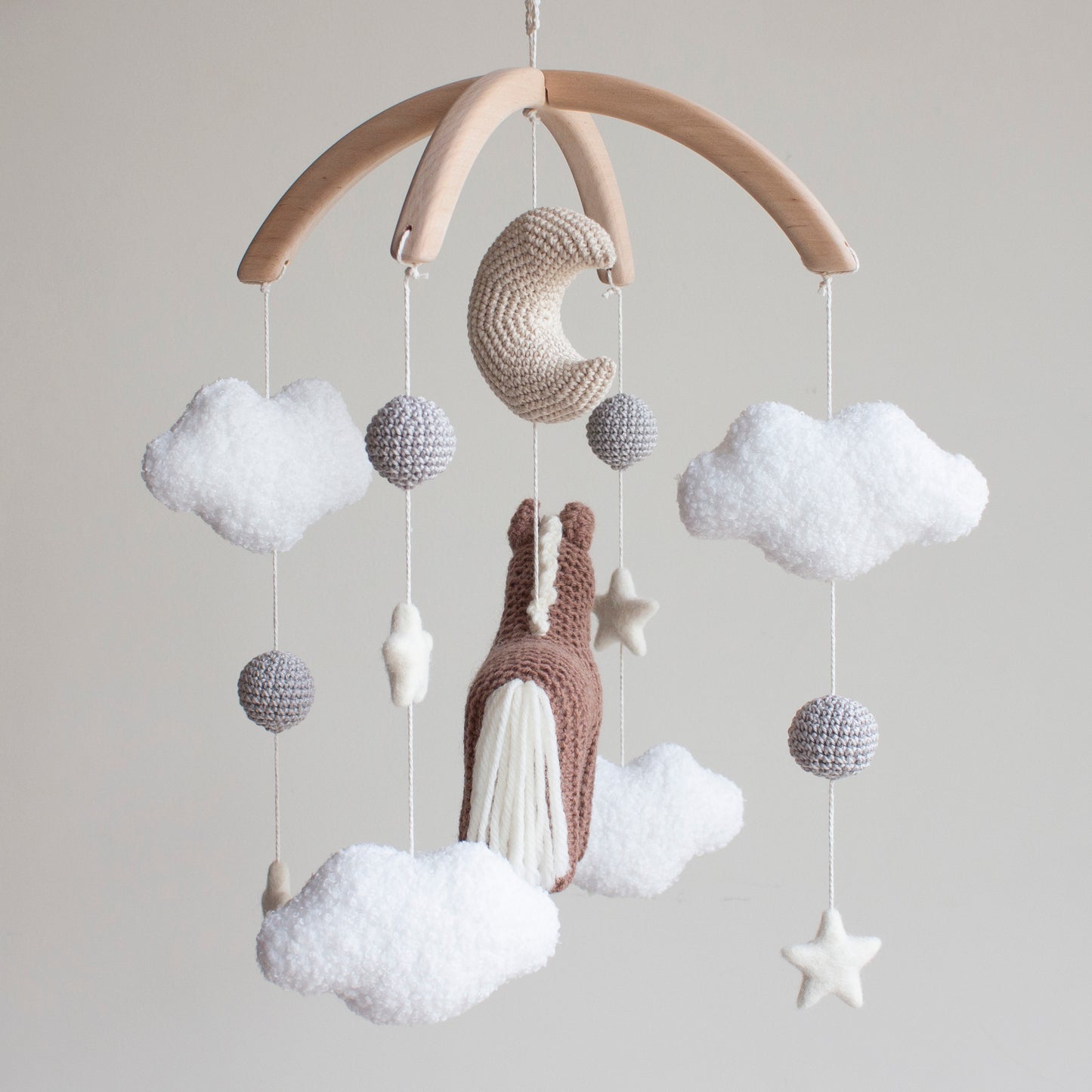 Horse Baby Mobile with Boucle Clouds, Moon, Stars, grey balls
