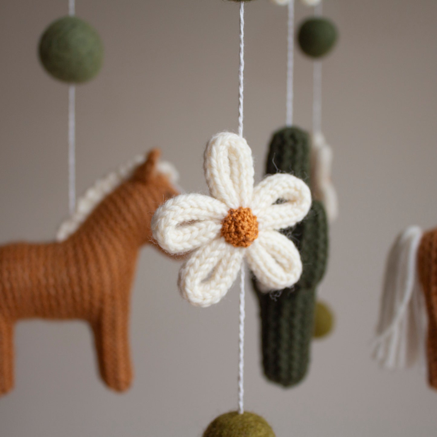 Cowgirl Baby Mobile, Western Nursery Decor with Knitted Horses, Cactus and Daisies