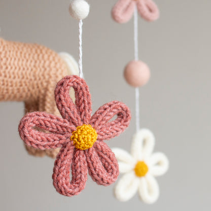 Floral Horse Baby Mobile with blush accents – Knitted Pony & Wildflowers Nursery Decor