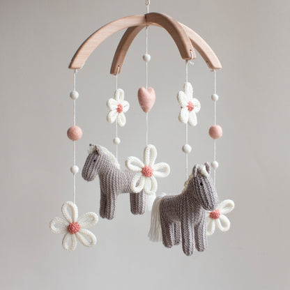 Baby mobile Horses & Daisies - Wildflower nursery decor in grey, blush - Floral ponies cot mobile - Cowgirl crib mobile