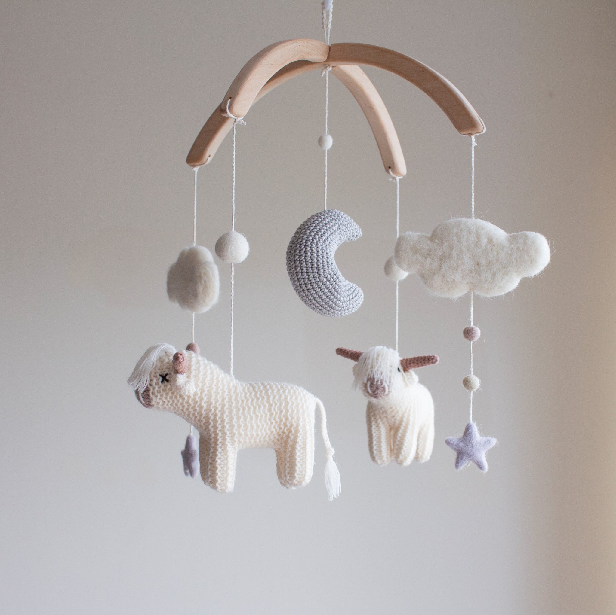 Neutral nursery mobile with longhorn cows & moon