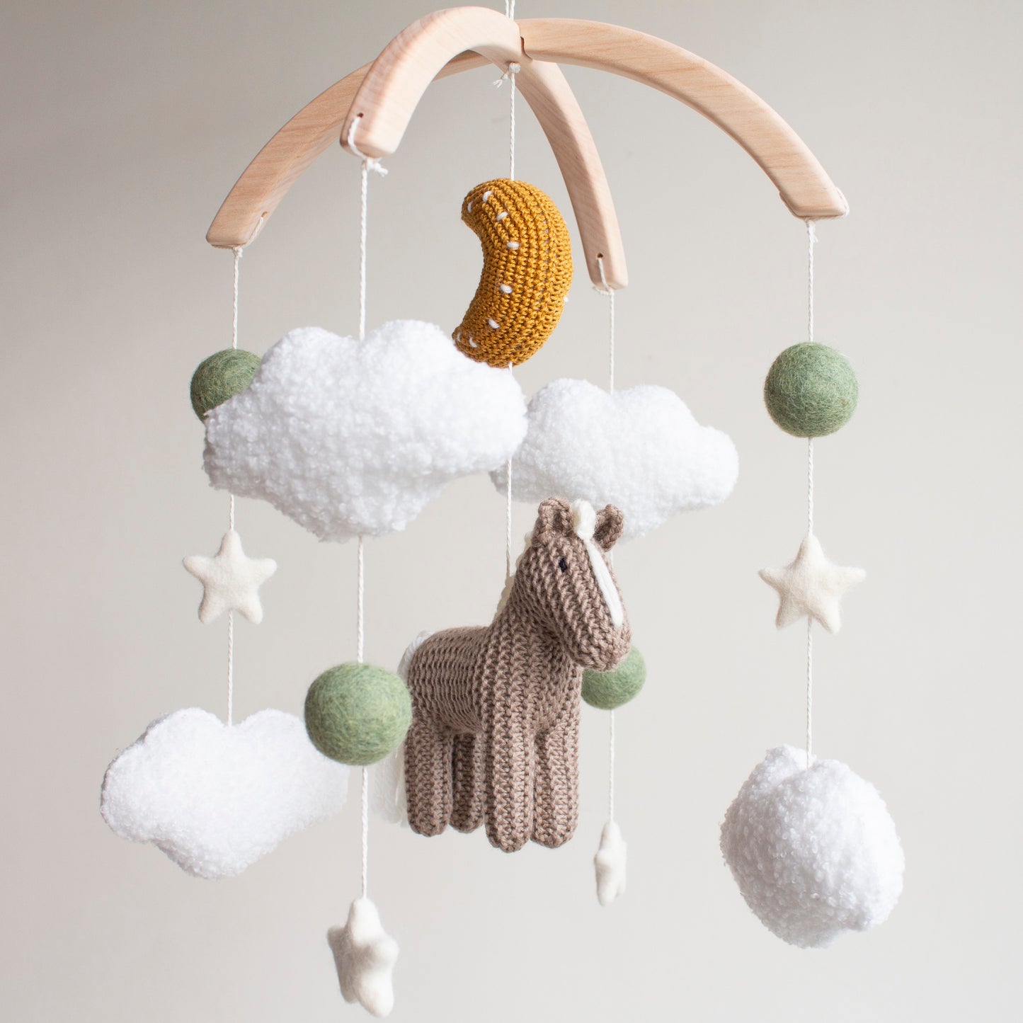 Horse Baby Mobile: Taupe Knitted Pony, Bouclé Clouds, Crochet Moon & Balls, Wool Stars (Copy)