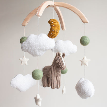 Horse Baby Mobile: Taupe Knitted Pony, Bouclé Clouds, Crochet Moon & Balls, Wool Stars (Copy)