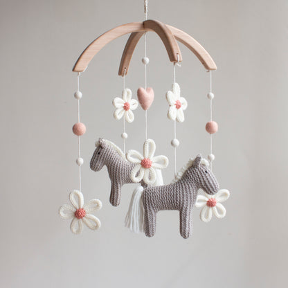 Baby mobile Horses & Daisies - Wildflower nursery decor in grey, blush - Floral ponies cot mobile - Cowgirl crib mobile