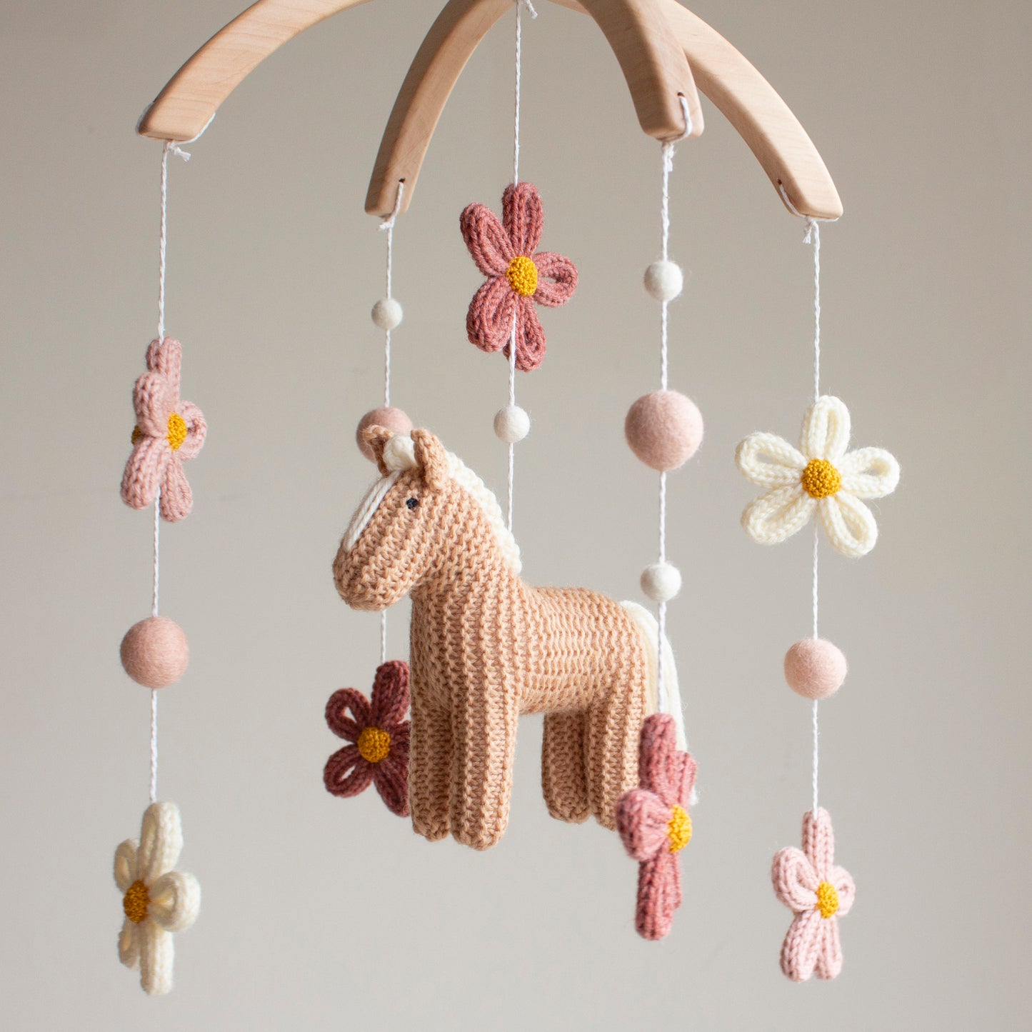 Floral Horse Baby Mobile with blush accents – Knitted Pony & Wildflowers Nursery Decor